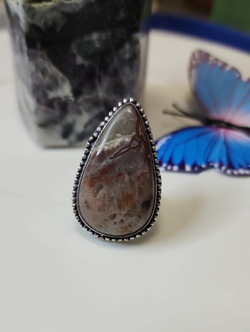 Teardrop Brown Agate Stone Ring - Women Jewelry